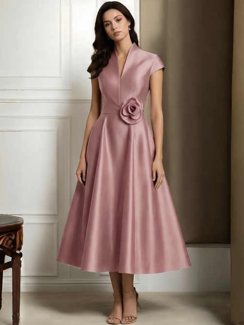 A-Line/Princess Cocktail Dresses Formal V Neck Short Sleeves Corset Tea Length with Flower