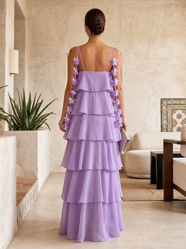A-Line/Princess Evening Dresses Chiffon Spaghetti Straps Sleeveless Floor-Length Tiered Ruffles Formal Dresses With 3D Flowers