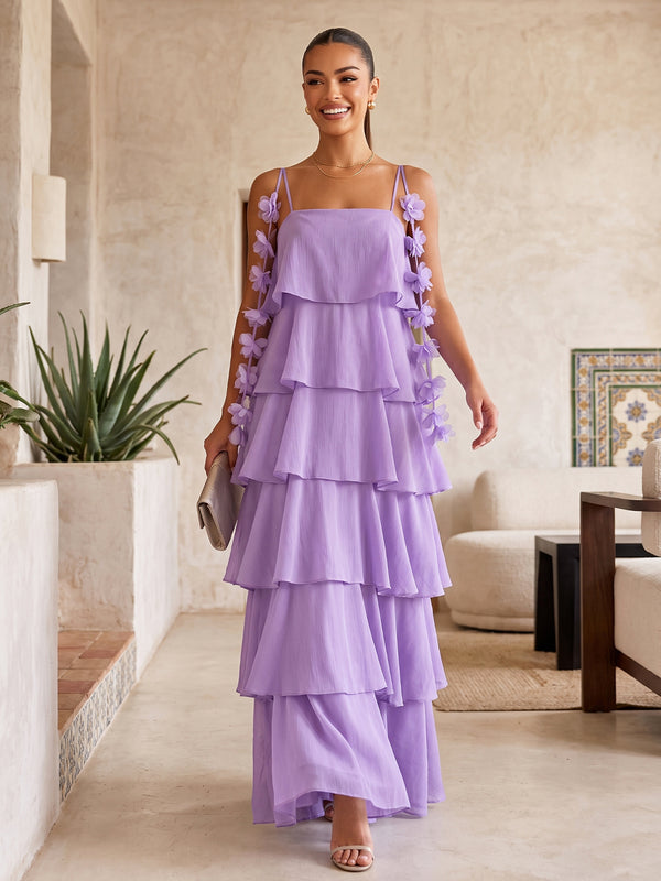 A-Line/Princess Evening Dresses Chiffon Spaghetti Straps Sleeveless Floor-Length Tiered Ruffles Formal Dresses With 3D Flowers
