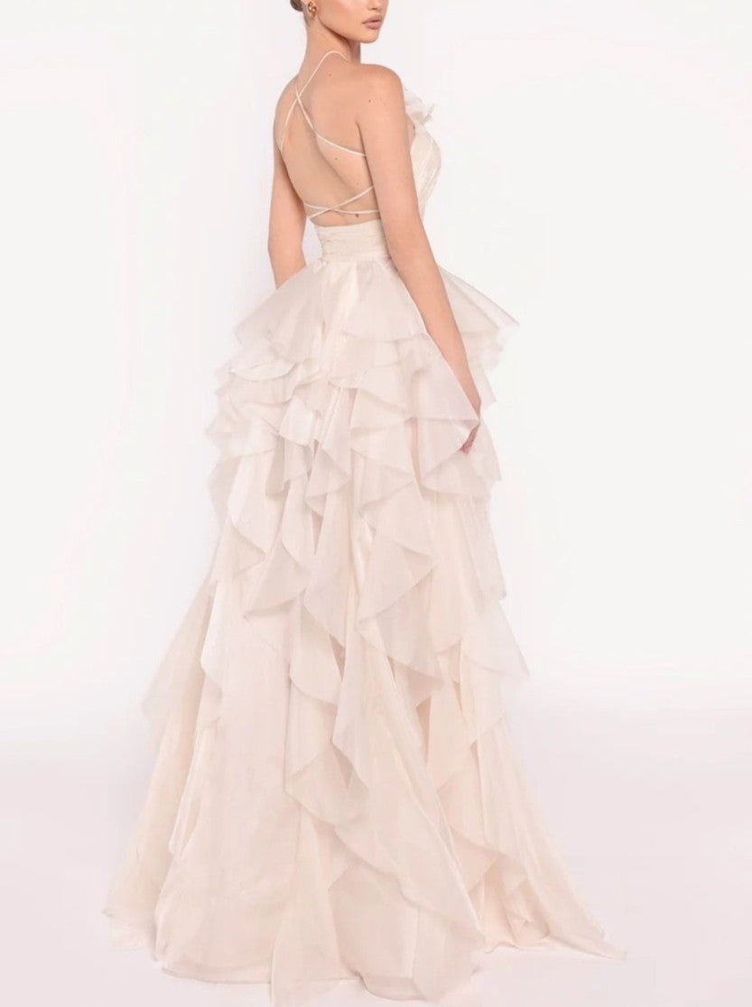 A-Line/Princess Prom Dresses Halter Neck Long Formal Rucehd Formal Dresses with Tiered Floral