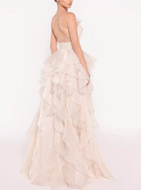 A-Line/Princess Prom Dresses Halter Neck Long Formal Rucehd Formal Dresses with Tiered Floral