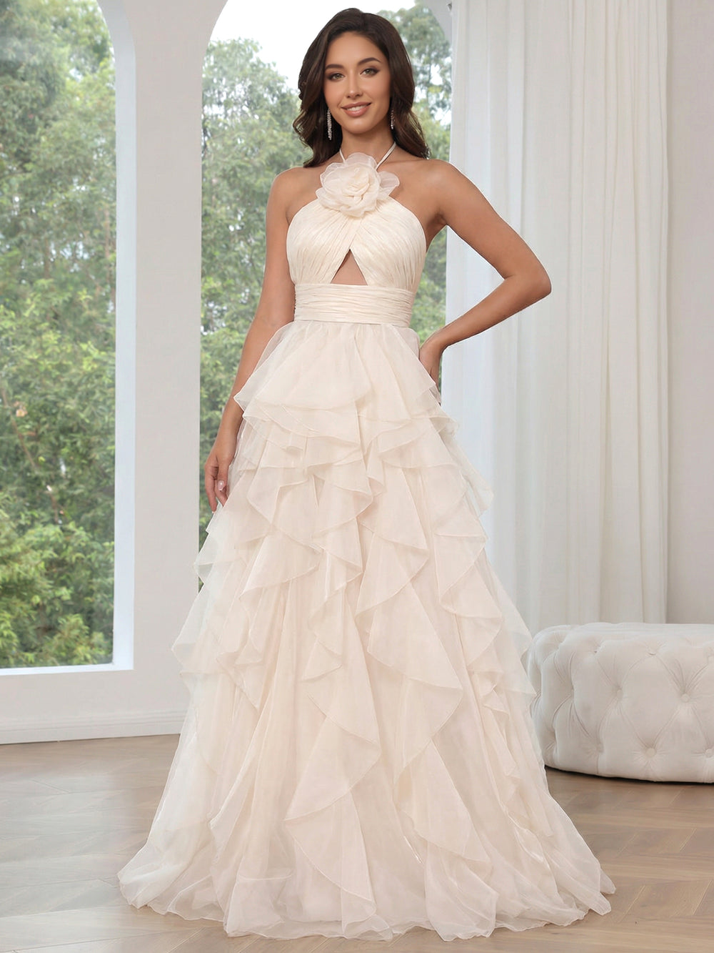 A-Line/Princess Prom Dresses Halter Neck Long Formal Rucehd Formal Dresses with Tiered Floral