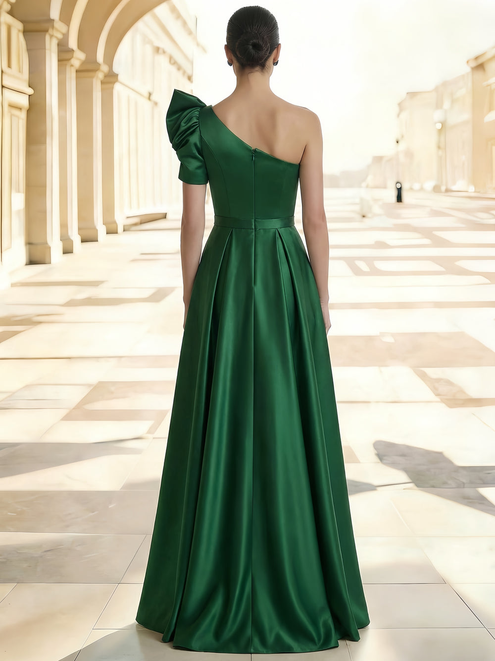 A-Line Formal Evening Dresses Satin Floor-Length Emerald Green One Shoulder Asymmetrical Elegant Formal Evening Gown With Bow