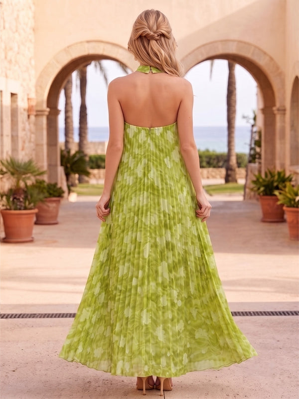 A-Line/Princess Evening Dresses Printed Chiffon Halter Sleeveless Floor-Length Pleated Formal Dresses Zipper
