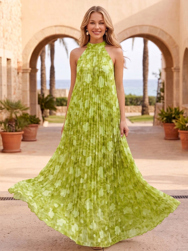 A-Line/Princess Evening Dresses Printed Chiffon Halter Sleeveless Floor-Length Pleated Formal Dresses Zipper