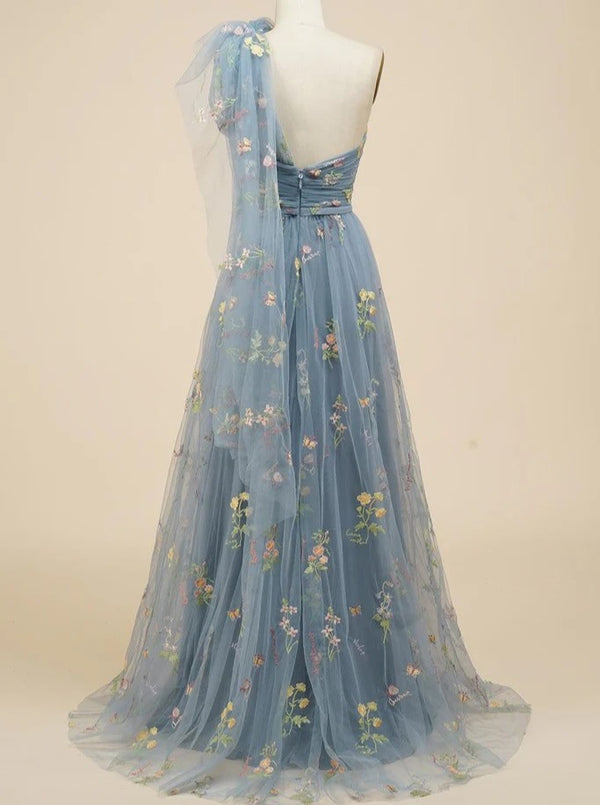 A-Line/Princess Green Floral Prom Dresses Tulle One Shoulder Long Formal Dresses with Floral Emboridary