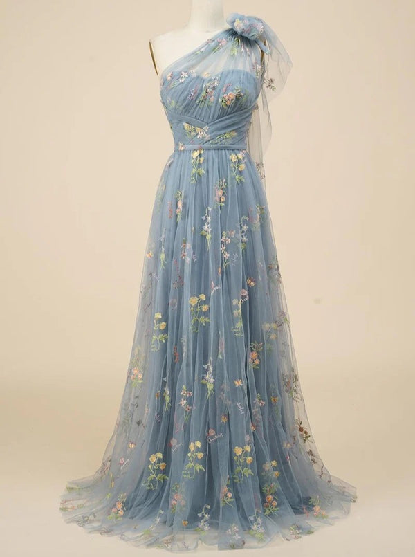 A-Line/Princess Green Floral Prom Dresses Tulle One Shoulder Long Formal Dresses with Floral Emboridary