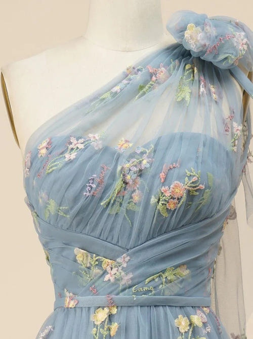 A-Line/Princess Green Floral Prom Dresses Tulle One Shoulder Long Formal Dresses with Floral Emboridary
