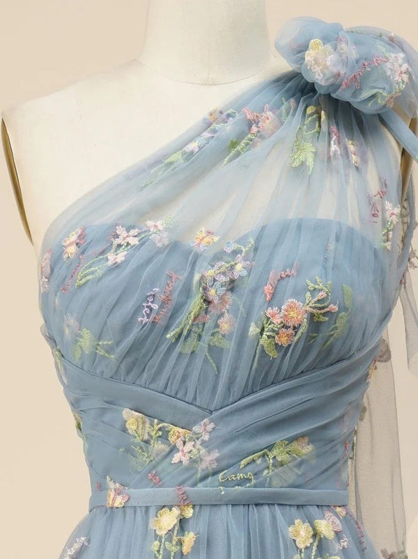 A-Line/Princess Green Floral Prom Dresses Tulle One Shoulder Long Formal Dresses with Floral Emboridary