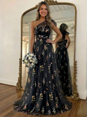 A-Line/Princess Green Floral Prom Dresses Tulle One Shoulder Long Formal Dresses with Floral Emboridary