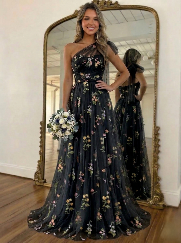 A-Line/Princess Green Floral Prom Dresses Tulle One Shoulder Long Formal Dresses with Floral Emboridary