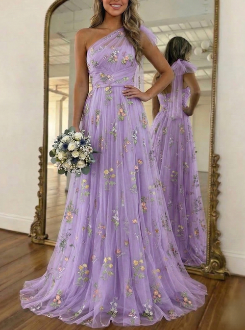 A-Line/Princess Green Floral Prom Dresses Tulle One Shoulder Long Formal Dresses with Floral Emboridary