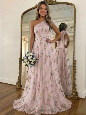 A-Line/Princess Green Floral Prom Dresses Tulle One Shoulder Long Formal Dresses with Floral Emboridary