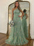 A-Line/Princess Green Floral Prom Dresses Tulle One Shoulder Long Formal Dresses with Floral Emboridary
