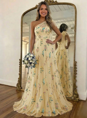 A-Line/Princess Green Floral Prom Dresses Tulle One Shoulder Long Formal Dresses with Floral Emboridary