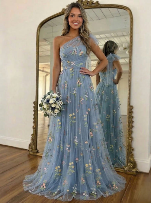 A-Line/Princess Green Floral Prom Dresses Tulle One Shoulder Long Formal Dresses with Floral Emboridary