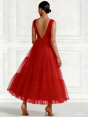 A-Line/Princess Cocktail Dresses V Neck Sleeveless Tulle Formal Ankle Length Dresses With Bow