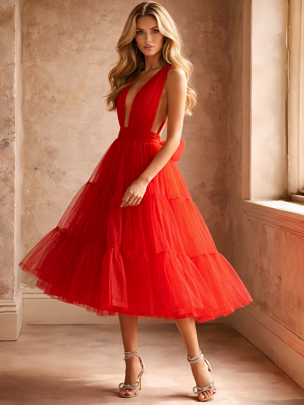 A-Line/Princess Cocktail Dresses V Neck Sleeveless Tulle Formal Ankle Length Dresses With Bow