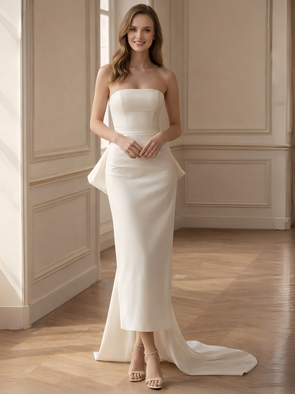 A-Line Formal Evening Dresses Strapless Satin Floor-Length Elegant Formal Evening Gown With Large Back Bow