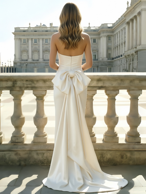 A-Line Formal Evening Dresses Strapless Satin Floor-Length Elegant Formal Evening Gown With Large Back Bow