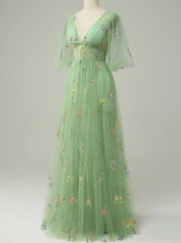 A-Line/Princess Floral Prom Dresses Tulle Lantern Sleeves Short Sleeves Floor Length Corset Formal Dresses