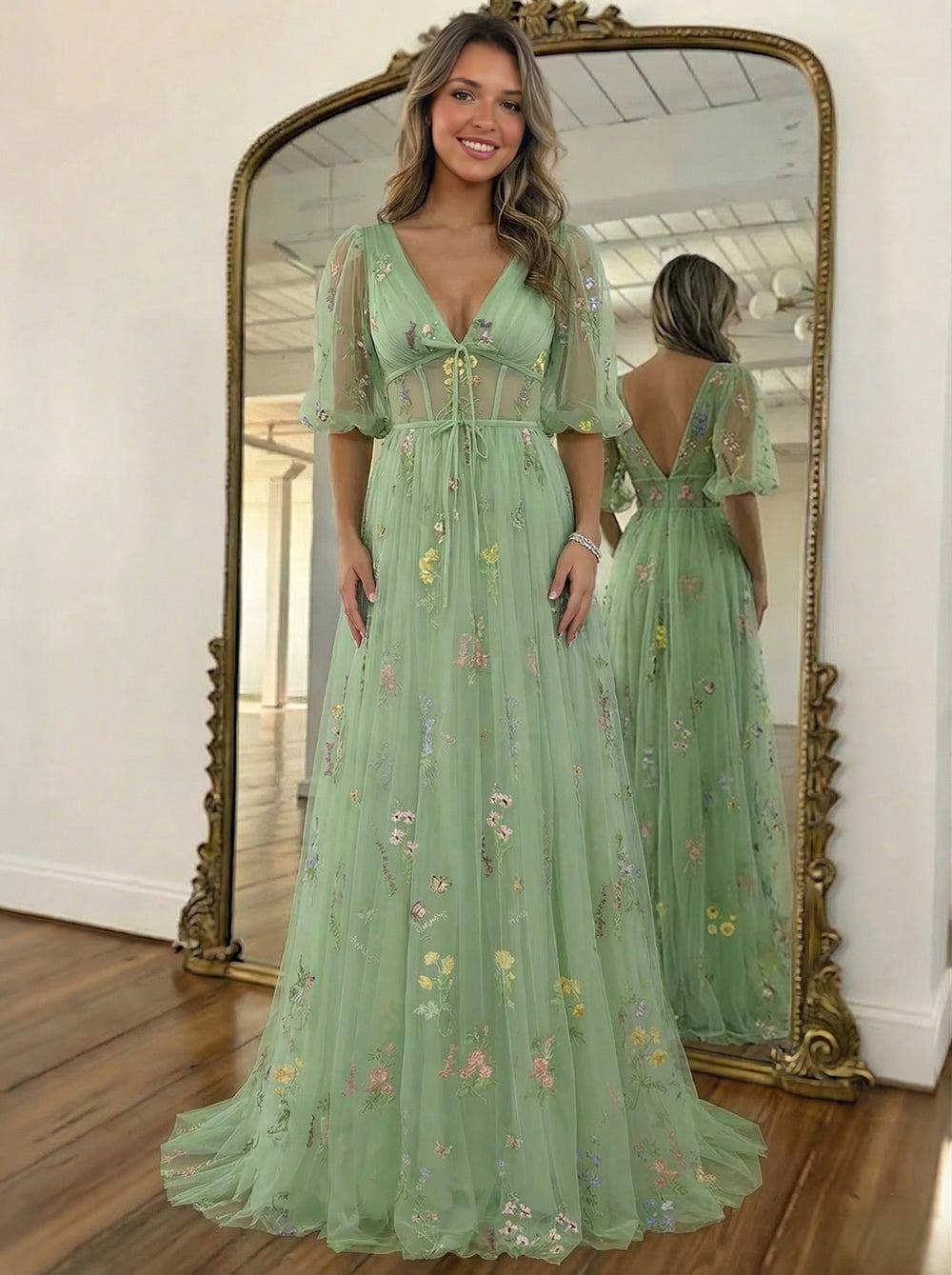 A-Line/Princess Floral Prom Dresses Tulle Lantern Sleeves Short Sleeves Floor Length Corset Formal Dresses