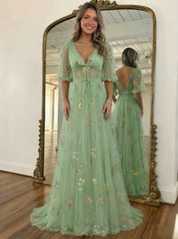 A-Line/Princess Floral Prom Dresses Tulle Lantern Sleeves Short Sleeves Floor Length Corset Formal Dresses