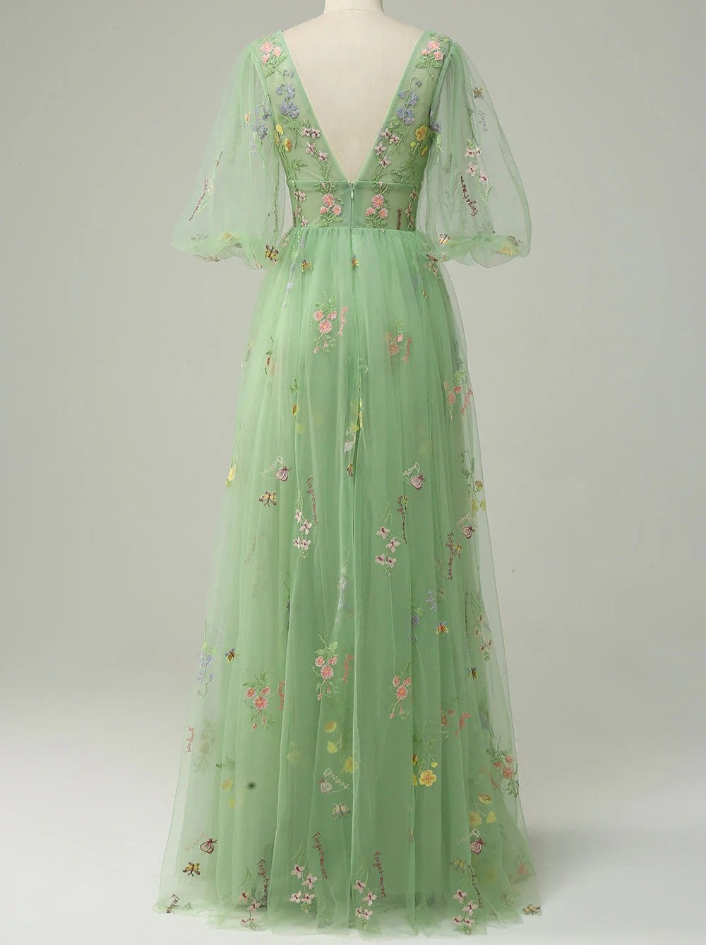 A-Line/Princess Floral Prom Dresses Tulle Lantern Sleeves Short Sleeves Floor Length Corset Formal Dresses