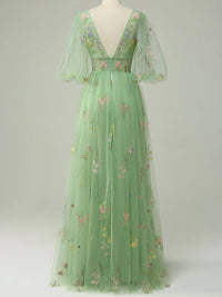 A-Line/Princess Floral Prom Dresses Tulle Lantern Sleeves Short Sleeves Floor Length Corset Formal Dresses
