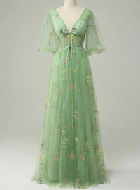 A-Line/Princess Floral Prom Dresses Tulle Lantern Sleeves Short Sleeves Floor Length Corset Formal Dresses