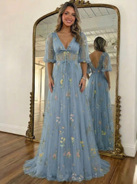 A-Line/Princess Floral Prom Dresses Tulle Lantern Sleeves Short Sleeves Floor Length Corset Formal Dresses