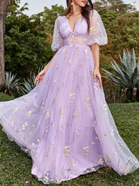 A-Line/Princess Floral Prom Dresses Tulle Lantern Sleeves Short Sleeves Floor Length Corset Formal Dresses