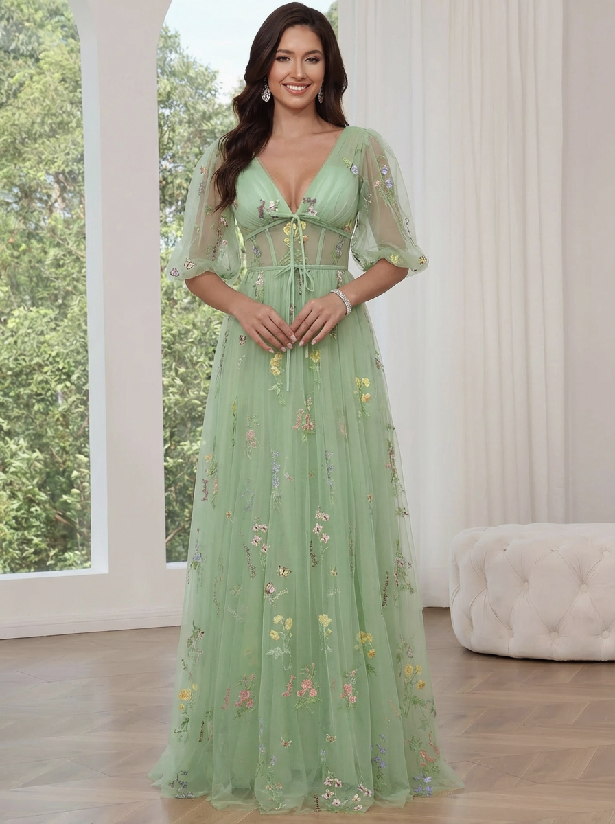 A-Line/Princess Floral Prom Dresses Tulle Lantern Sleeves Short Sleeves Floor Length Corset Formal Dresses