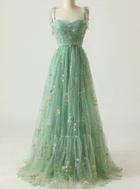 A-Line/Princess Green Floral Prom Dresses Tulle Spaghetti Straps Long Formal Dresses with Floral Emboridary