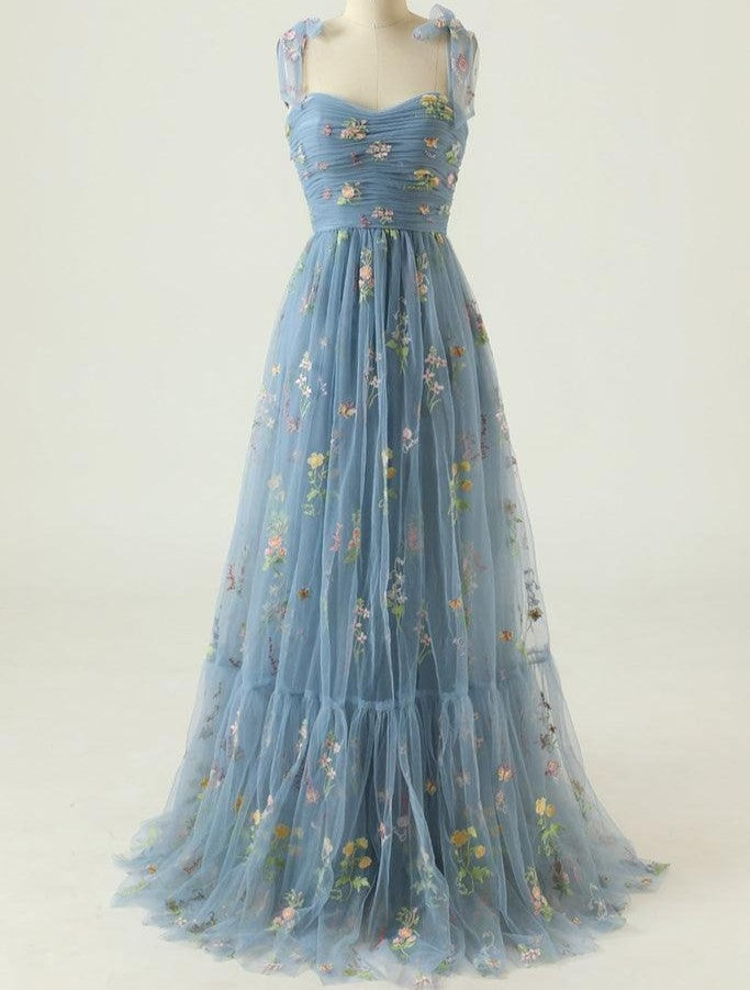 A-Line/Princess Green Floral Prom Dresses Tulle Spaghetti Straps Long Formal Dresses with Floral Emboridary