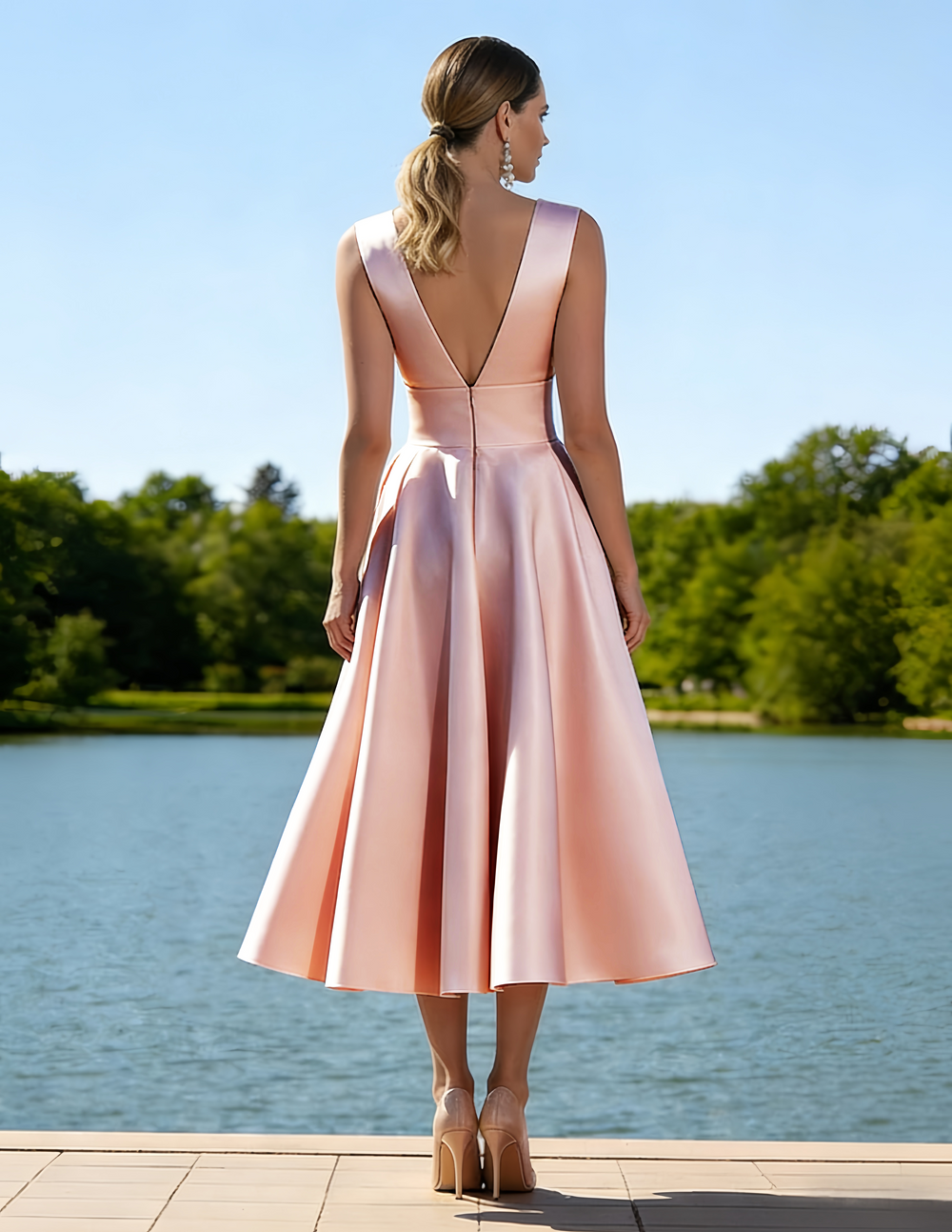 A-Line/Princesses Elegant Cocktail Dress Satin Dress Tea-Length Sleeveless Deep V Neck Cocktail Formal Dress