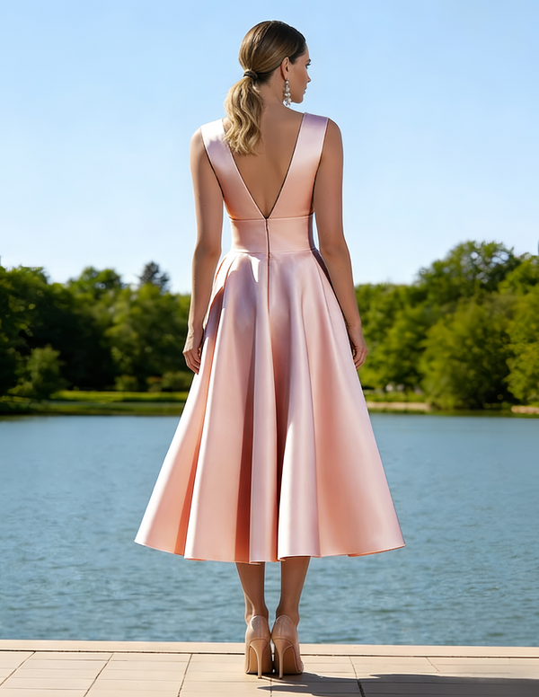 A-Line/Princesses Elegant Cocktail Dress Satin Dress Tea-Length Sleeveless Deep V Neck Cocktail Formal Dress