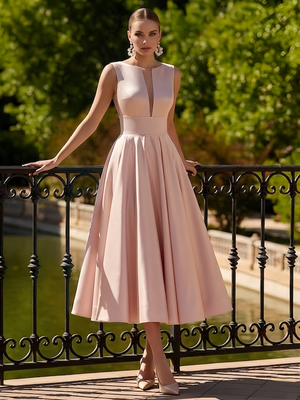 A-Line/Princesses Elegant Cocktail Dress Satin Dress Tea-Length Sleeveless Deep V Neck Cocktail Formal Dress