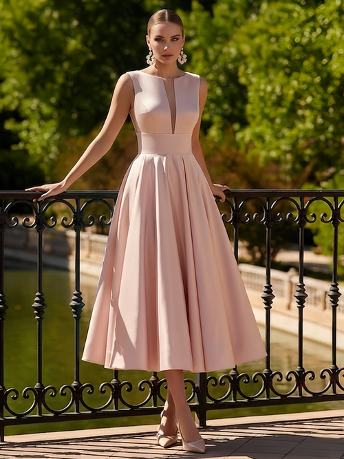 A-Line/Princesses Elegant Cocktail Dress Satin Dress Tea-Length Sleeveless Deep V Neck Cocktail Formal Dress