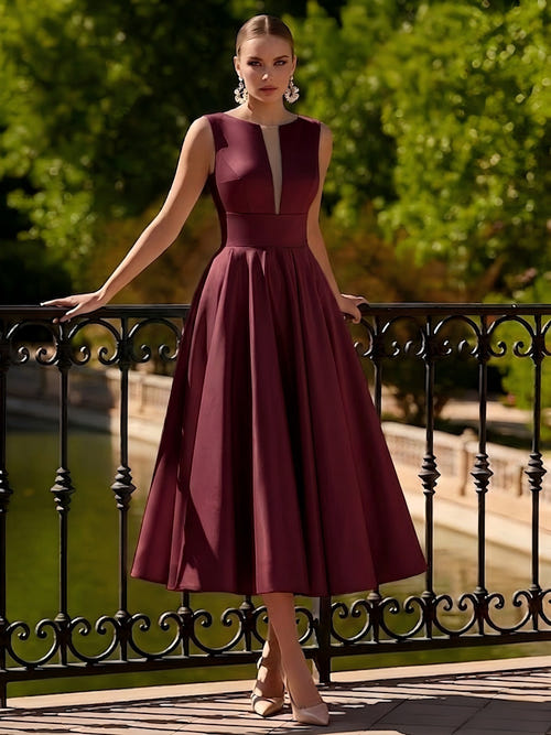 A-Line/Princesses Elegant Cocktail Dress Satin Dress Tea-Length Sleeveless Deep V Neck Cocktail Formal Dress