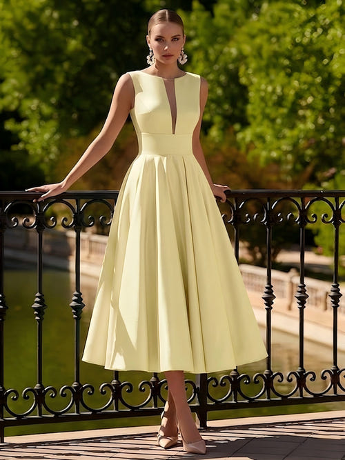 A-Line/Princesses Elegant Cocktail Dress Satin Dress Tea-Length Sleeveless Deep V Neck Cocktail Formal Dress