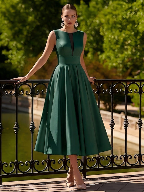 A-Line/Princesses Elegant Cocktail Dress Satin Dress Tea-Length Sleeveless Deep V Neck Cocktail Formal Dress