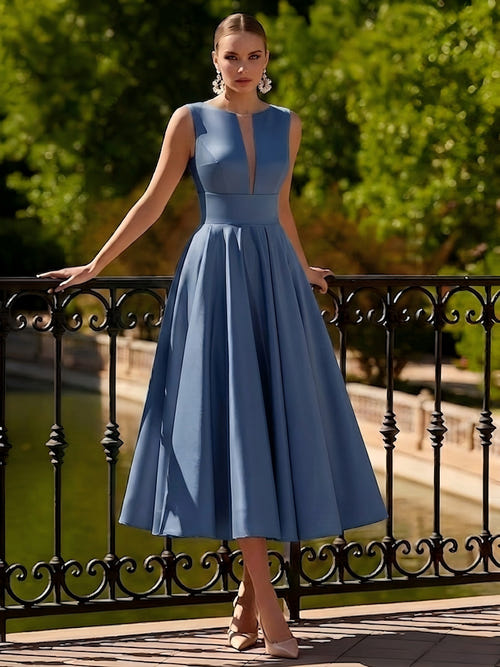 A-Line/Princesses Elegant Cocktail Dress Satin Dress Tea-Length Sleeveless Deep V Neck Cocktail Formal Dress