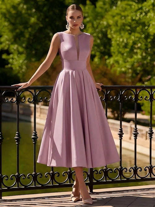 A-Line/Princesses Elegant Cocktail Dress Satin Dress Tea-Length Sleeveless Deep V Neck Cocktail Formal Dress