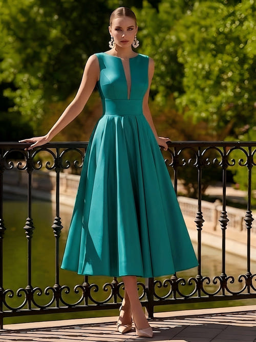 A-Line/Princesses Elegant Cocktail Dress Satin Dress Tea-Length Sleeveless Deep V Neck Cocktail Formal Dress