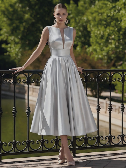 A-Line/Princesses Elegant Cocktail Dress Satin Dress Tea-Length Sleeveless Deep V Neck Cocktail Formal Dress
