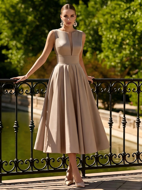 A-Line/Princesses Elegant Cocktail Dress Satin Dress Tea-Length Sleeveless Deep V Neck Cocktail Formal Dress