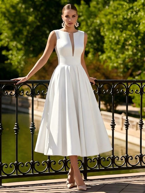 A-Line/Princesses Elegant Cocktail Dress Satin Dress Tea-Length Sleeveless Deep V Neck Cocktail Formal Dress
