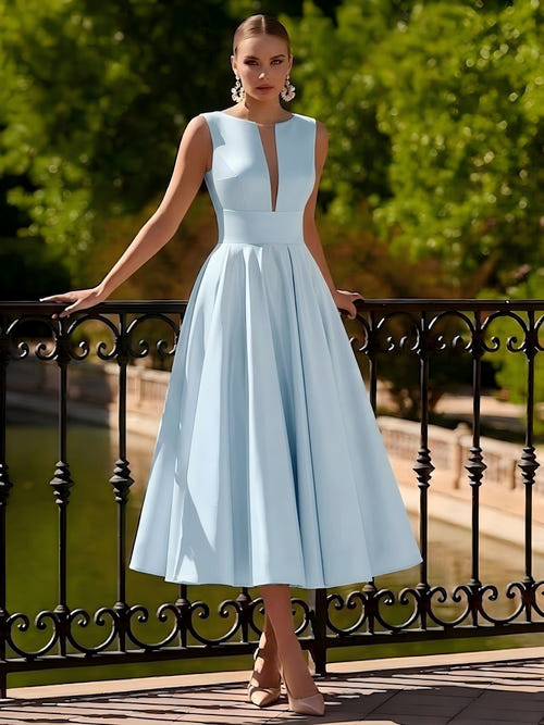 A-Line/Princesses Elegant Cocktail Dress Satin Dress Tea-Length Sleeveless Deep V Neck Cocktail Formal Dress