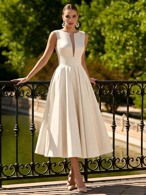 A-Line/Princesses Elegant Cocktail Dress Satin Dress Tea-Length Sleeveless Deep V Neck Cocktail Formal Dress